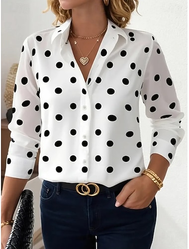  Damen Hemd Bluse Knöpfe Druck Karomuster Tupfen Lässig Langarm Hemdkragen Normale Oberteile Täglich Arbeit Blau Schwarz Weiß Rosa Khaki Frühling Herbst Winter