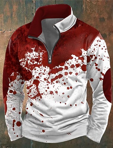  Halloween Per uomo Schizzi di sangue Macchie di sangue Felpa Casual Manica Lunga Collo Alto Feste Ferie Club Rosso Blu Cerniera Zip a un quarto Autunno Inverno progettista