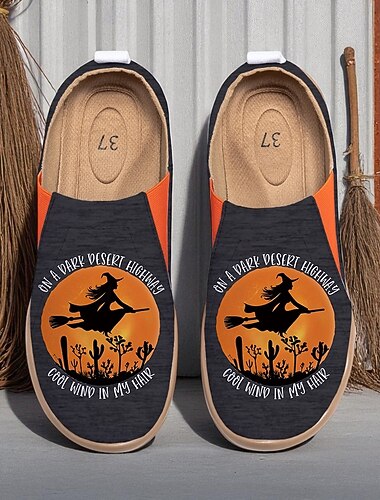  Γυναικεία παπούτσια slip-on από καμβά με φαρδύ πλάτος και τύπωμα μάγισσα που πετάει στην έρημο – φλατ παπούτσια με θέμα το Halloween για πάρτι, φεστιβάλ και καθημερινή casual εμφάνιση