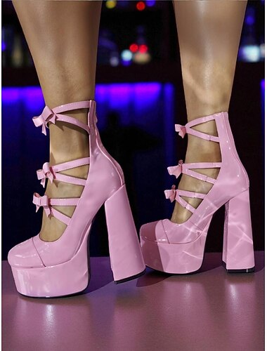  Roze plateau pumps met hoge hak voor dames, dikke blokhakken met strikbandjes, sexy feestschoenen voor het nachtleven en clubkleding
