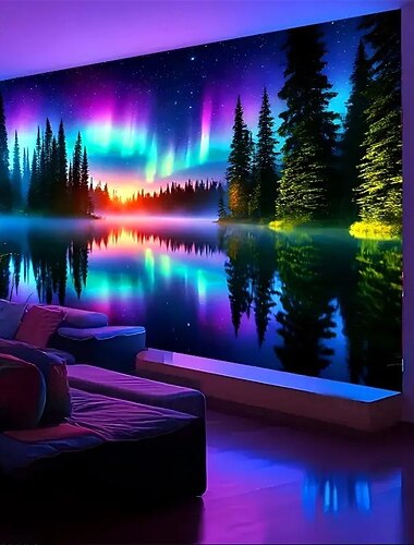  Aurora glorie og innsjørefleksjon som bakgrunnsveggteppe 3D-veggkunst for en rolig, moderne atmosfære, perfekt for stue, kontor eller meditasjonsrom