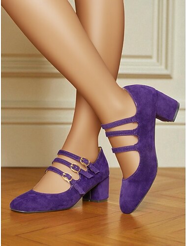  Damen-Mary-Jane-Pumps aus violettem Wildleder mit drei Riemen – schicke Retro-Stadtschuhe für Freizeitausflüge, die Arbeit und den täglichen Weg zur Arbeit