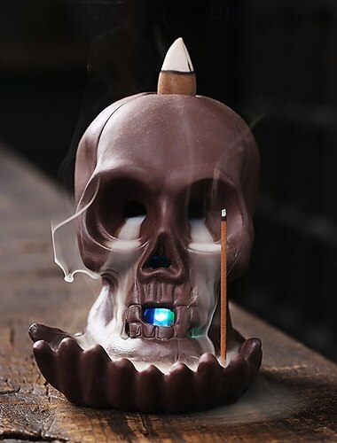  Røkelsesbrennerholder for hodeskalle, reflukskaskade, keramikk, LED, unik, røkelsesbrenner, hodeskallebrenner til halloween, aromaterapi, yoga, hjemmedekor