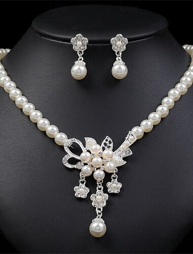  Juego de Joyas 2 Perla Perla Cromo Pendientes Collare Mujer Elegante Vintage Moda Estilo retro Clásico Conjunto de joyas Para Boda Fiesta Invitado a la boda