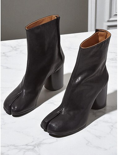  Damskie brązowe buty typu tabi ze sztucznej skóry do połowy łydki - botki z rozciętym noskiem i grubym obcasem, zapinane na zamek błyskawiczny z boku, minimalistyczny, nowoczesny styl na wydarzenia