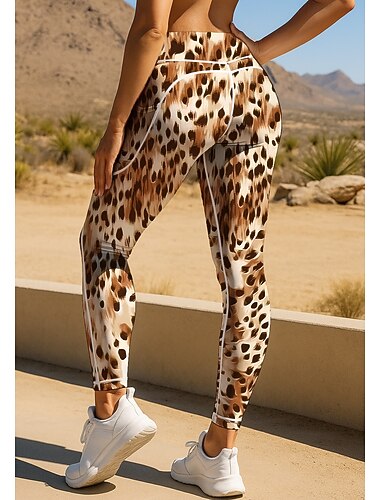  Mulheres leggings de pilates Calças de fitness Leggings de Ginástica Bolsos Imposto de selo Bolsos laterais Pilates Academia Treino de Ginástica Calças Meia-calça Leggings Gráfico Estampa de Leopardo