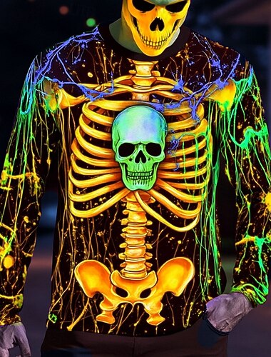  Halloween Ανδρικά 3D Σκελετός Μπλουζάκι Μακρυμάνικο Κοντομάνικη μπλούζα 3D εκτύπωση Στρογγυλή Ψηλή Λαιμόκοψη Πουκάμισο Μοντέρνα Εξωγκωμένος Δρόμος Causal Καθημερινά Κίτρινο Θαλασσί Βυσσινί