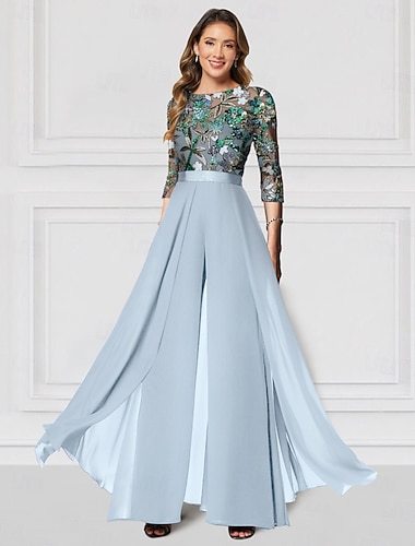  Virágos Egyrészes Ruha Hímzett Menyasszony Anyja Formális Esküvői Elegáns Vintage Illúziós Nyak Padló Hossz Chiffon Fél Ujjú Flitterekkel Versenynapi Ruha