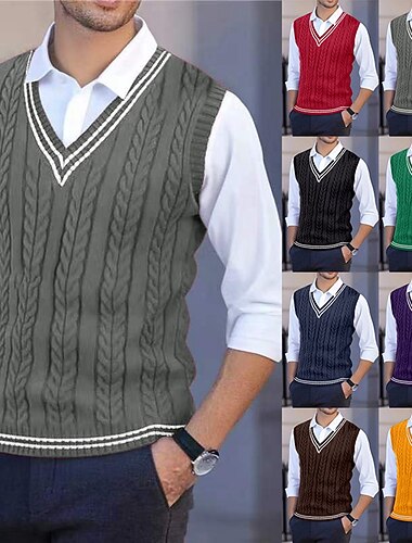  Herren Pullover Pullunder Zopfmuster Stricken Normale Oberteile Gestrickt Schmale Passform Einfarbig V Ausschnitt Strickware Zeitgenössisch Lässig Alltagskleidung Bekleidung Winter Frühling & Herbst