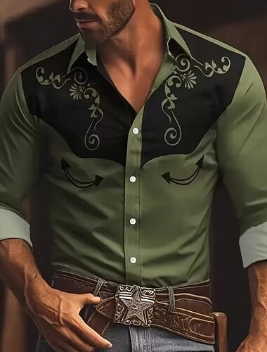  Herren Blumendruck Ethnisch Schnörkelwerk Hemd Westernhemd Cowboy-Shirt Langarm Vintage-Retro Outdoor Urlaub Frühling Herbst Umlegekragen 3D-Druck Leinenähnliches Hemd Armeegrün