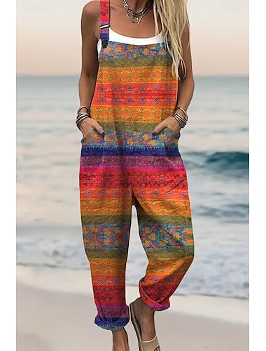  Damen-Latzhose aus 100 % Baumwolle, aktiv, geblümt, ärmellos, gerader quadratischer Ausschnitt, Tasche, Urlaub, Alltag, lockere Passform, rosa, rot, grün, Sommer