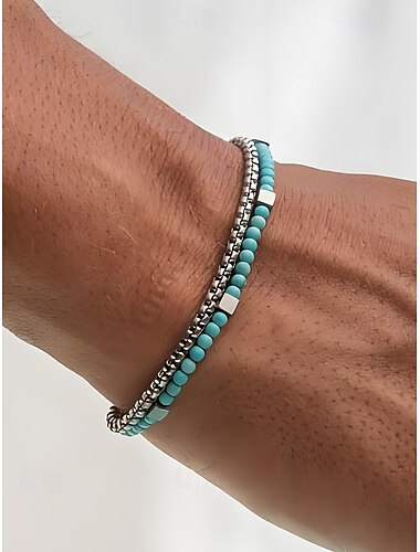  Armbåndsett med turkise perler og sølvkjede for menn – justerbare smykker i bohemsk strandstil for uformelle antrekk, sommerantrekk og ferieantrekk