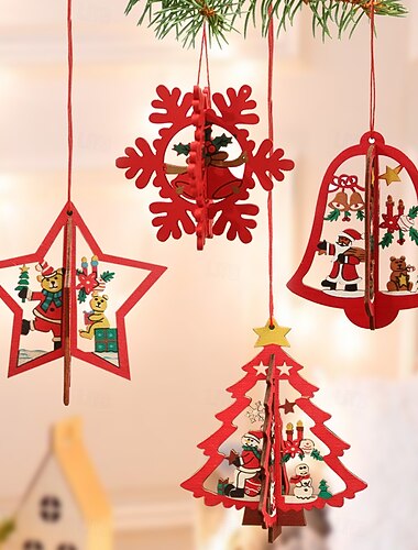  10 stk. juleoppheng i tre, kreative søte fargerike 3D-puslespilldekorasjoner med tre- og snøfnuggformer, hul tredekorasjon til juletreoppheng for hjem og høytidsscenearrangement