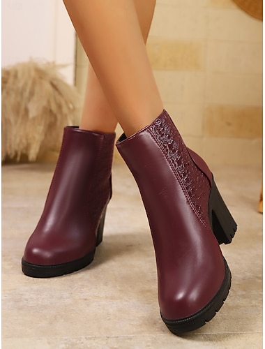 Botas femininas de salto grosso cor de vinho – botas elegantes de plataforma em couro sintético para uso casual no outono e inverno e para o escritório   Botas femininas de salto grosso cor de vinho – botas elegantes de plataforma em couro sintético para uso casual no outono e inverno e para o escritório