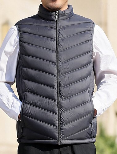  בגדי ריקוד גברים אפוד פאפר וסט Gilet חופשה יומי פגישה (דייט) אופנתי יום יומי סתיו חורף כיס פוליאסטר שמור על חום הגוף נוח צבע אחיד רוכסן עומד רגיל שחור פול אפור אֵפוֹד