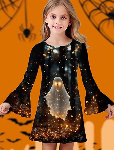  Halloween Flickor 3D Spöke Klänning Volangkjol Långärmad Sommar Vår Semester Dagligen Helgdag Skön Ljuv Barn 4-12 år Vardagsklänning Knälång Normal