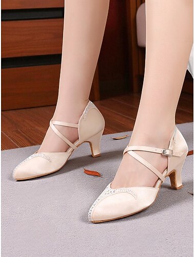  Women's Satin Cross-Strap Ballroom Dance Shoes - 1920s Gatsby Style Rhinestone Heels for Professional Latin and Vintage Party Performances