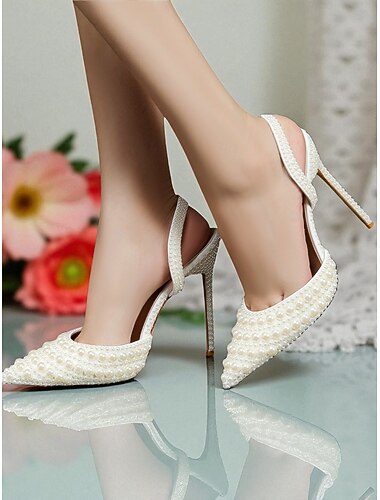  scarpe da donna con tacco a spillo, in pelle bianca decorata con perle, con punta affilata, scarpe da sposa pronte per il matrimonio