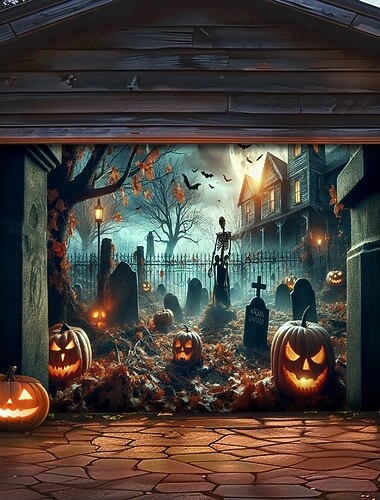  Halloween ταπισερί Κάλυμμα γκαραζόπορτας Μεγάλη Κρεμαστή Κολοκύθα Νεκροταφείο Σκοτεινό Πανκ Γοτθικό Πάρτι Για Υπαίθρια Χρήση Φόντα λήψης Εξώπορτα Διακοσμήσεις τοίχου πόρτα φόντο
