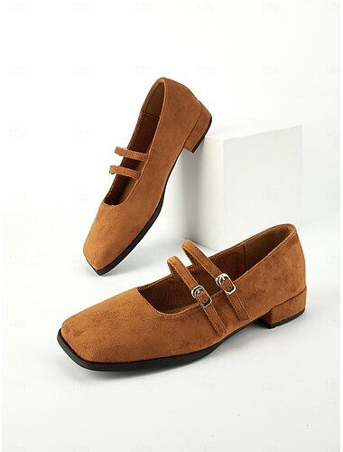  Bruine suède Mary Jane-schoenen voor dames - dubbele band, vierkante neus, blokhak, vintage stijl, nette schoenen voor op kantoor, casual uitjes en herfstmode-outfits