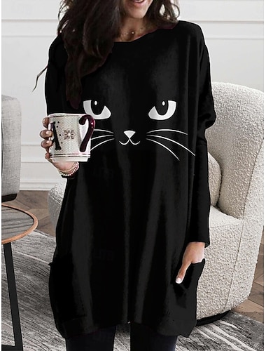  Γυναικείο T shirt Μαύρη Γάτα Γραφικό Μόδα Μακρυμάνικο Στρογγυλή Λαιμόκοψη Μακριά Μπλουζάκια Ημερήσιες Έξοδος Σαββατοκύριακο Εκτύπωση Μαύρο Μπλε Άνοιξη Φθινόπωρο