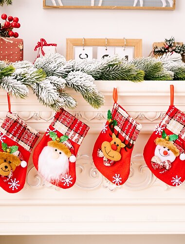  Lot de 4 bas de Noël, cloches, flocons de neige, Père Noël, bonhomme de neige, renne, sacs cadeaux, fournitures de décoration de fête de fin d'année