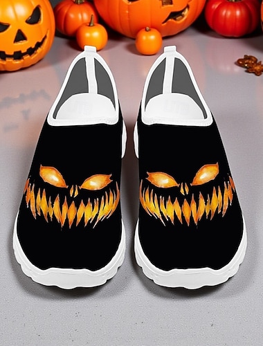  Zapatillas de malla negras sin cordones para hombre con estampado de cara de calabaza: zapatos ligeros e informales con temática de Halloween para fiestas, ropa de calle y uso diario.