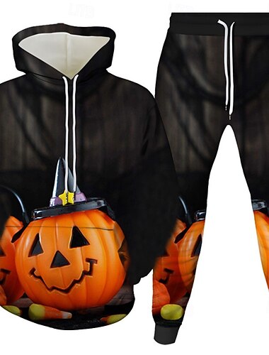 Halloween Per uomo Zucca 2 pezzi Set di felpe 3D Tuta Felpa con Cappuccio Manica Lunga Pantaloni lunghi Con Cappuccio Casual Quotidiano Athleisure Abito da festa Stampa 3D Primavera Autunno Inverno