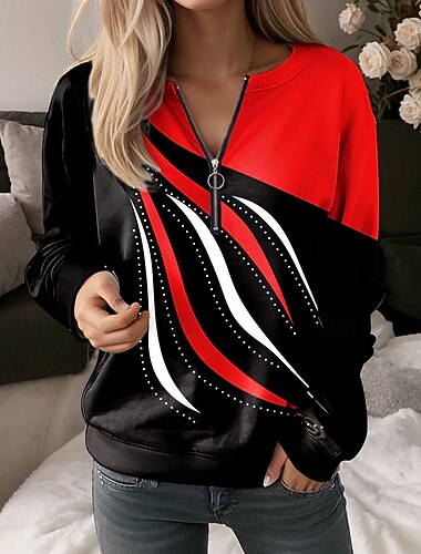  Per donna Felpa Pullover Felpe con cerniera Grafico Geometrico Astratto Moda Casual Manica Lunga Girocollo Top Regolari Streetwear Abbigliamento Quotidiano Cerniera Stampato Rosso Blu Viola Verde