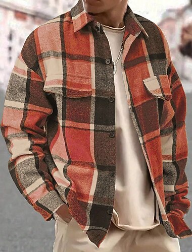  Per uomo Giacca Camicia Giacca Casual Vacanza Quotidiano Calore Termico Tasca Primavera Autunno Plaid Moda Classico Bavero Regolare Grigio scuro Giallo Arancione Grigio chiaro Rosé Giacca