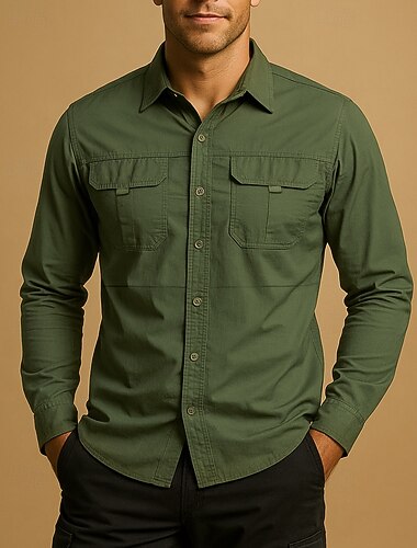  Per uomo camicia cargo Camicia da escursionismo Camicia militare Manica Lunga Collo ripiegato Maglietta Top Esterno Asciugatura Rapida Leggero Traspirante Cotone Nero Verde militare Cachi Caccia