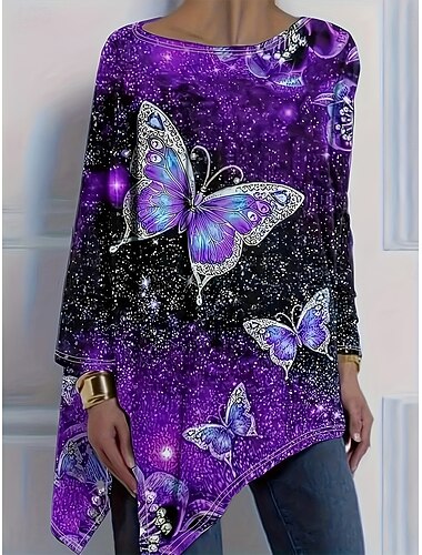  Dam T-shirt Mönster Asymmetrisk Grafisk Geometrisk Fjäril Vintage Stylish Ledigt Långärmad Rund hals Långa toppar Dagligen Gul Purpur Grön Vår Höst