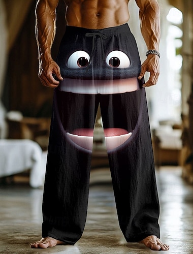  Herren 3D Zeichentrick Lächelndes Gesicht Hose Baggy-Hosen Freizeithose Mittlere Taille Lustig Outdoor Urlaub Heim Elastischer Kordelzug in der Taille Leinenähnliche Hose mit Taschen Frühling Herbst