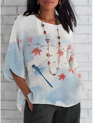  女性用 シャツ トンボ 日常 カジュアル 七分袖 クルーネック レギュラートップス 日常 祝日 プリント ホワイト ブルー スカイブルー ライトブルー 夏 春 秋