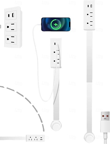  Удлинитель для электрических розеток с USB-A/USB-C и 2 розетками переменного тока | Поворот на 180° и возможность расширения на 22–34 дюйма | Сертифицировано ETL для труднодоступных розеток за диваном, тумбочкой, столом