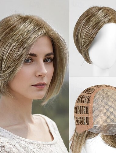  Perruque courte et lisse pour femme, cheveux synthétiques réalistes, blonds et bruns, avec mèches, aspect naturel, résistante à la chaleur, raie sur le côté, élégante, à porter au quotidien, style