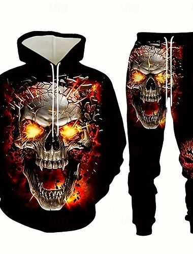  Halloween Herren Totenkopfe 2St 3D Sweatshirt-Sets Trainingsanzug Kapuzensweatshirt Langarm Lange Hosen Mit Kapuze Alltagstauglich Athleisure 3D-Druck Frühling Herbst Winter Schwarz