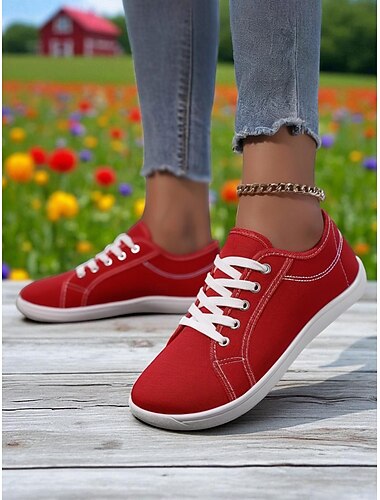  Rode canvas veterschoenen voor dames met brede pasvorm – lichtgewicht casual wandelschoenen, ademende streetwear en reisschoenen
