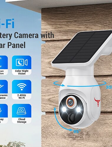  1080p Wi-Fiセキュリティカメラ、ソーラーパネル、バッテリー電源、パンチルト、AIモーション検知、ナイトビジョン、双方向通話、IP65ストレージ