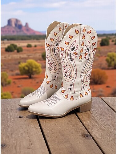  stivali da cowboy western bianchi da donna con esclusivo design ricamato colorato e tacchi a blocco, calzature in stile western bohémien