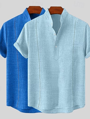  Herren Hemd Leinenhemd Guayabera Hemd Sommerhemd Strandbekleidung Einfarbig Urlaub Lässig Weiß + Khaki Weiß + Marineblau Grün+Khaki Blau+Khaki Kurzarm Stehkragen Sommer Frühling Bekleidung