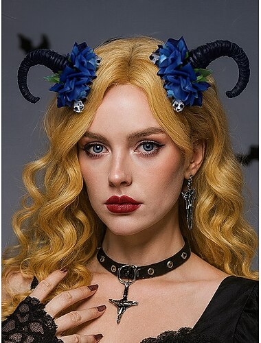  Barrettes à cheveux gothiques en corne de bélier pour femme - Cornes noires incurvées avec des accents de crâne et de rose, coiffe de costume de cosplay pour sorcières, vampires et tenues de fête