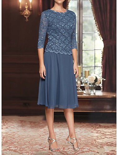  Corte A Vestido de Madrina Elegante Sencillo Minimalista Escote Barco Hasta la Rodilla Gasa Encaje Manga 3/4 con Encaje Lentejuela Bordados 2025