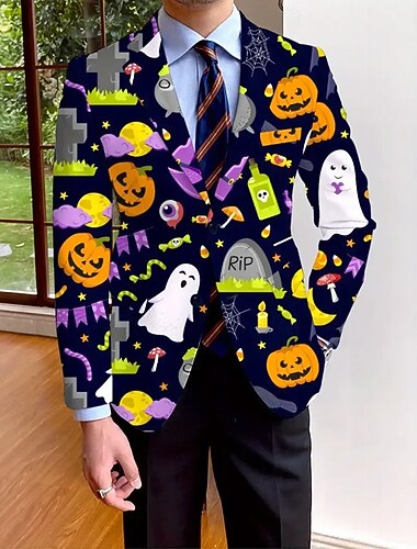  Halloween Муж. Пальто Блейзер на открытом воздухе Для улицы Повседневные На каждый день Английский Все сезоны 100% полиэстер Тыква 3D печать Пуговицы Сохраняет тепло Удобный Однобортный крой Блейзер
