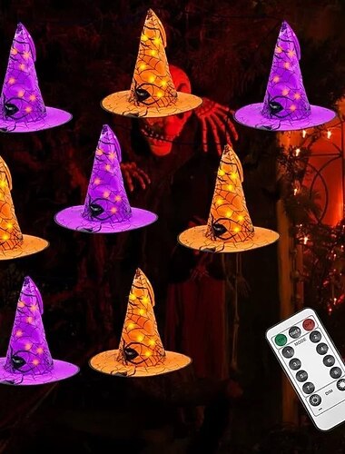  8 יחידות קישוט ליל כל הקדושים כובע מכשפה תלוי זוהר פנים וחוץ שלט רחוק אורות תלייה מופעל על ידי סוללה 8 מצבי תאורה מתאים לקישוטי גינה, חצר ומרפסת