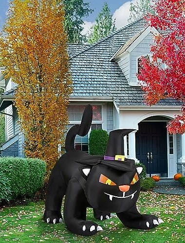  Hjemsøgt bakkegård 6 fod bred sort kat oppustelig med lys, udendørs halloween oppustelig dekoration til græsplæne og have, kæmpe uhyggelig juledekoration