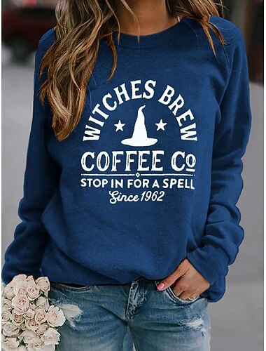  Halloween Kvinners Sweatshirts Heks Grafikk Bokstaver Mote Uformell Langermet Crew Neck Rund Hals Regulære Topper Gate Dagligslitasje Uformell Trykk Blå Orange Grønn Høst Vinter