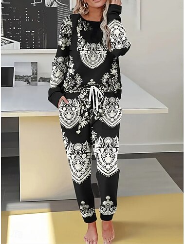  Női Meleg Csehország Aktív Tracksuit Nadrág szettek Pulóver Hosszú ujj Terített nyak Grafika Mértani Csíkos Zsinór Nyomtatott Szabadtéri sport Hétköznapi Napi Fekete Barna Ősz & tél Normál