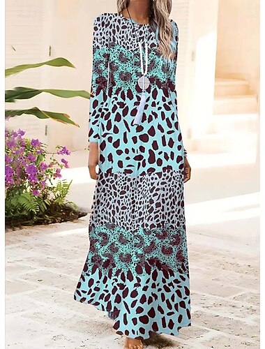  Dames Maxi-jurk Hemdjurk A lijn jurk Feest Casual Boho Dagelijks Afspraakje Uitgaan Normale pasvorm Grafisch dier Luipaard Lange mouw Strakke ronde hals Blozend Roze blauw Bruin Groen Lente Herfst