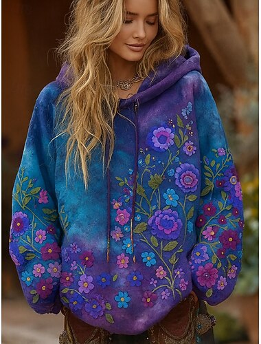  Γυναικείο hoodie 3D εκτύπωσης pullover sweatshirt oversized μακριά μανίκια casual γραφιστικό λουλούδια ζεστό active κουκούλα κανονικά μπλουζάκια street καθημερινά ρούχα patchwork μωβ άνοιξη φθινόπωρο